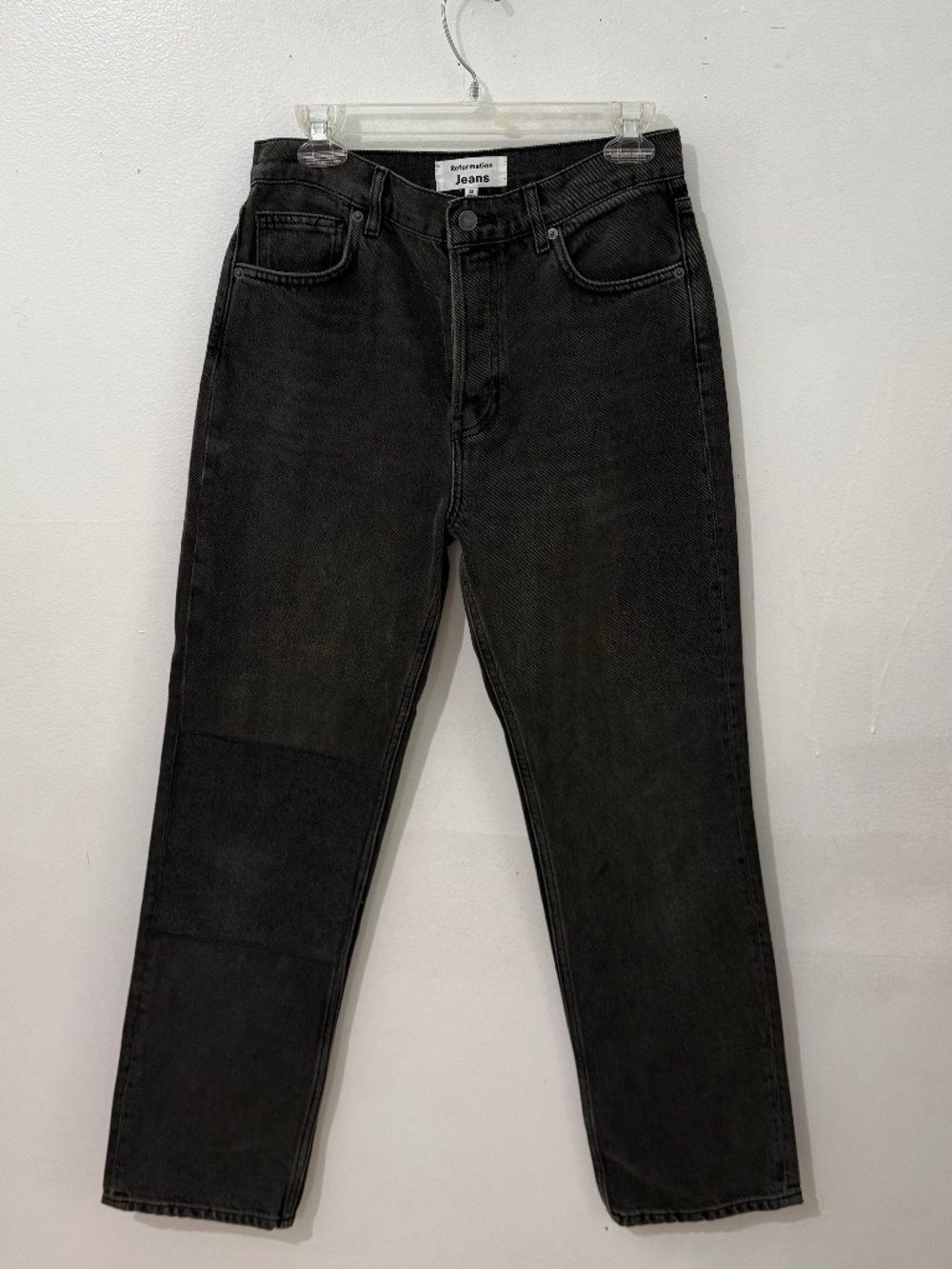 Reformation Cynthia Patch High Rise, Straight Leg Jeans, Button Fly. Size 28